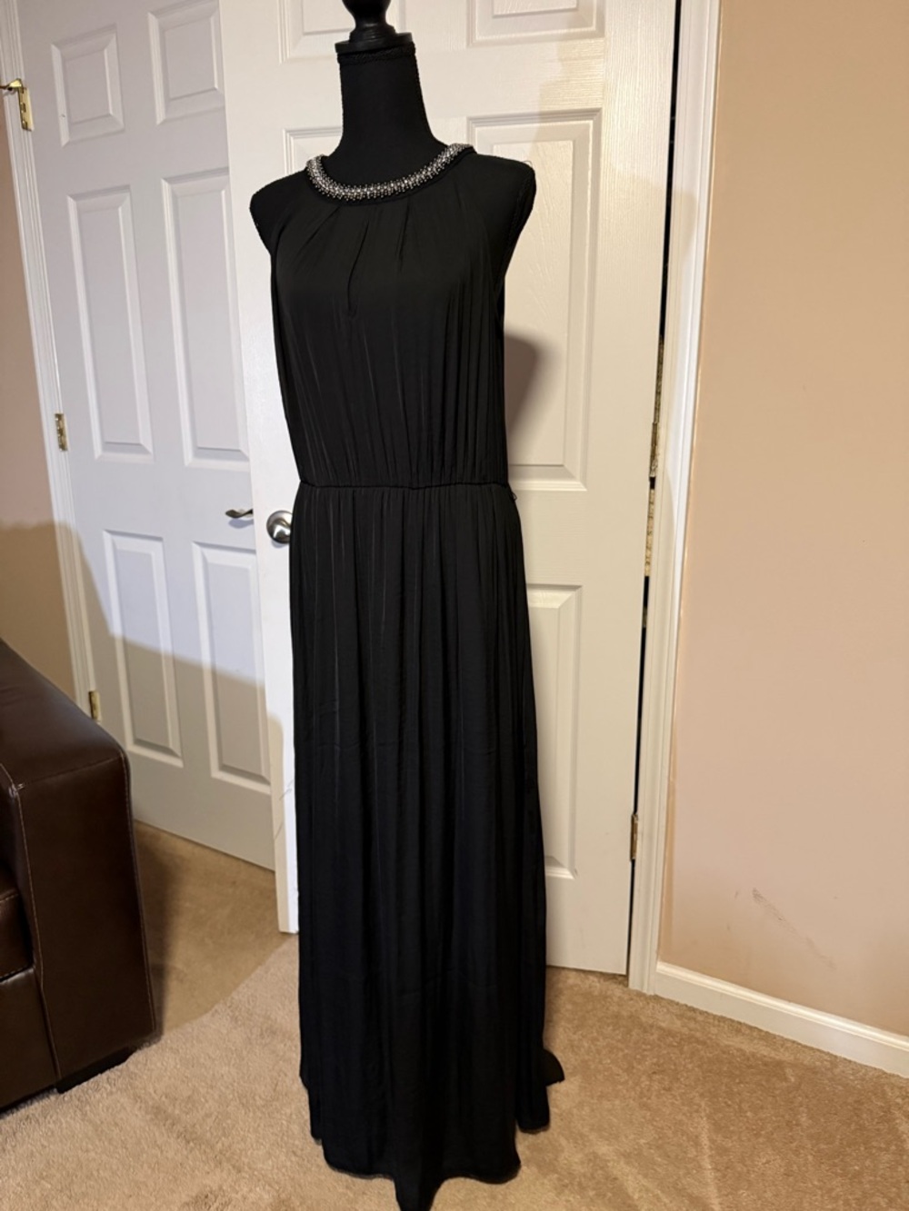 Jennifer Lopez Black Sleeveless Maxi Dress with Beaded Collar